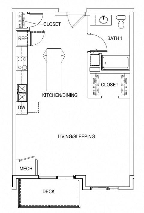 Floor plan for studio, 1 bath, 627 sqft